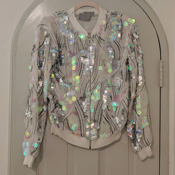 ASOS Pink Irridescent Sequins & Beaded White Bomber Jacket, Size 0 / 2 - Picture 6 of 11